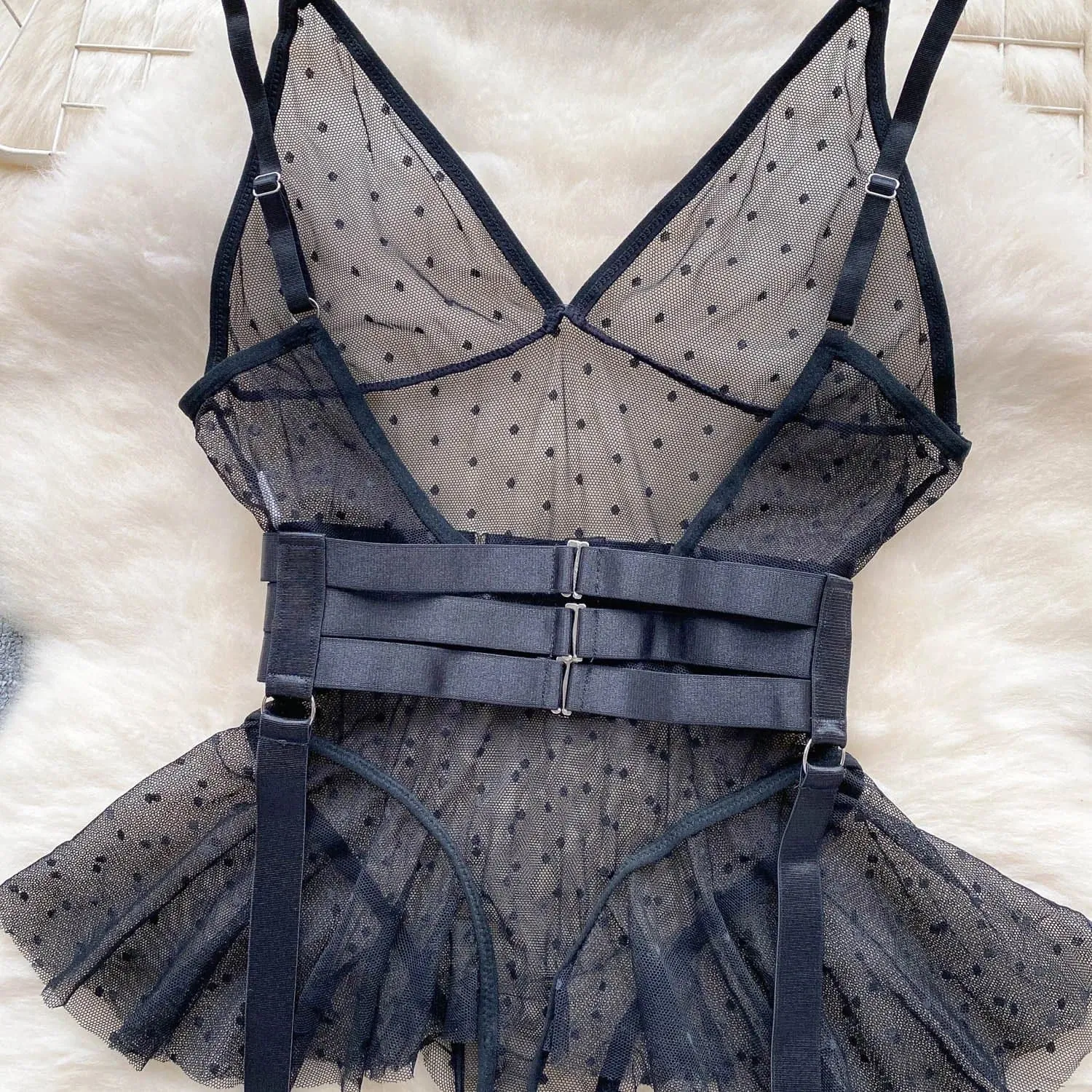 Sheer Corset Bodysuit Lingerie with Ruffles & Dot Pattern