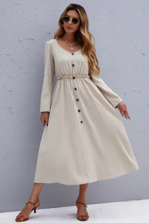 Solid Color Long-Sleeved Waist A-Line Dress