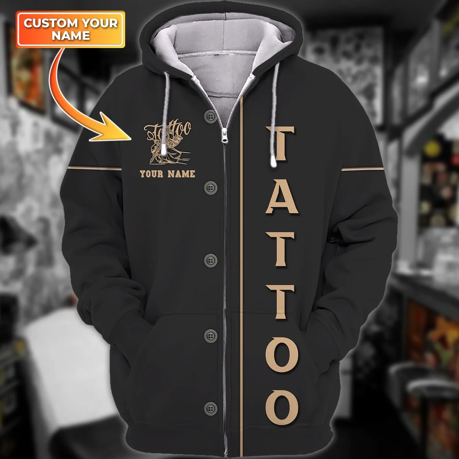 Tattoo Artist Yellow Personalized Classic Tattoo Uniform, Tattoo Studio Sweatshirt Zipper Hoodie, 3D Hoodie