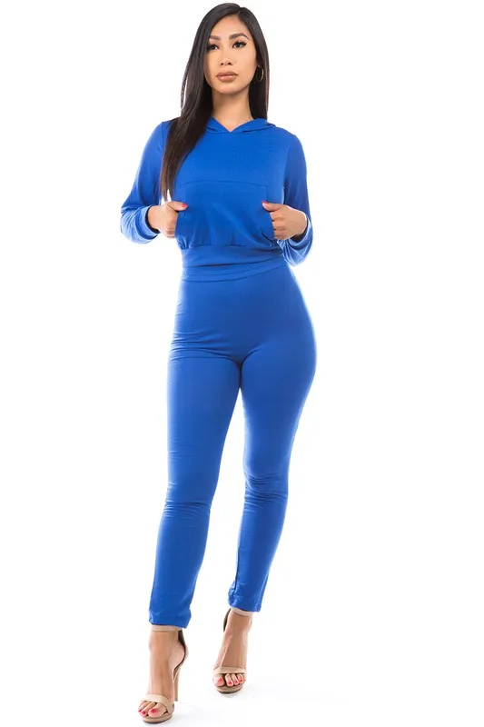 TEEK - BLUE BACK BOTTOM TIE CROP HOODIE TWO PIECE SET