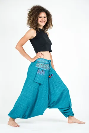 Thai Hill Tribe Cotton Fisherman Low Cut Harem Pants Blue