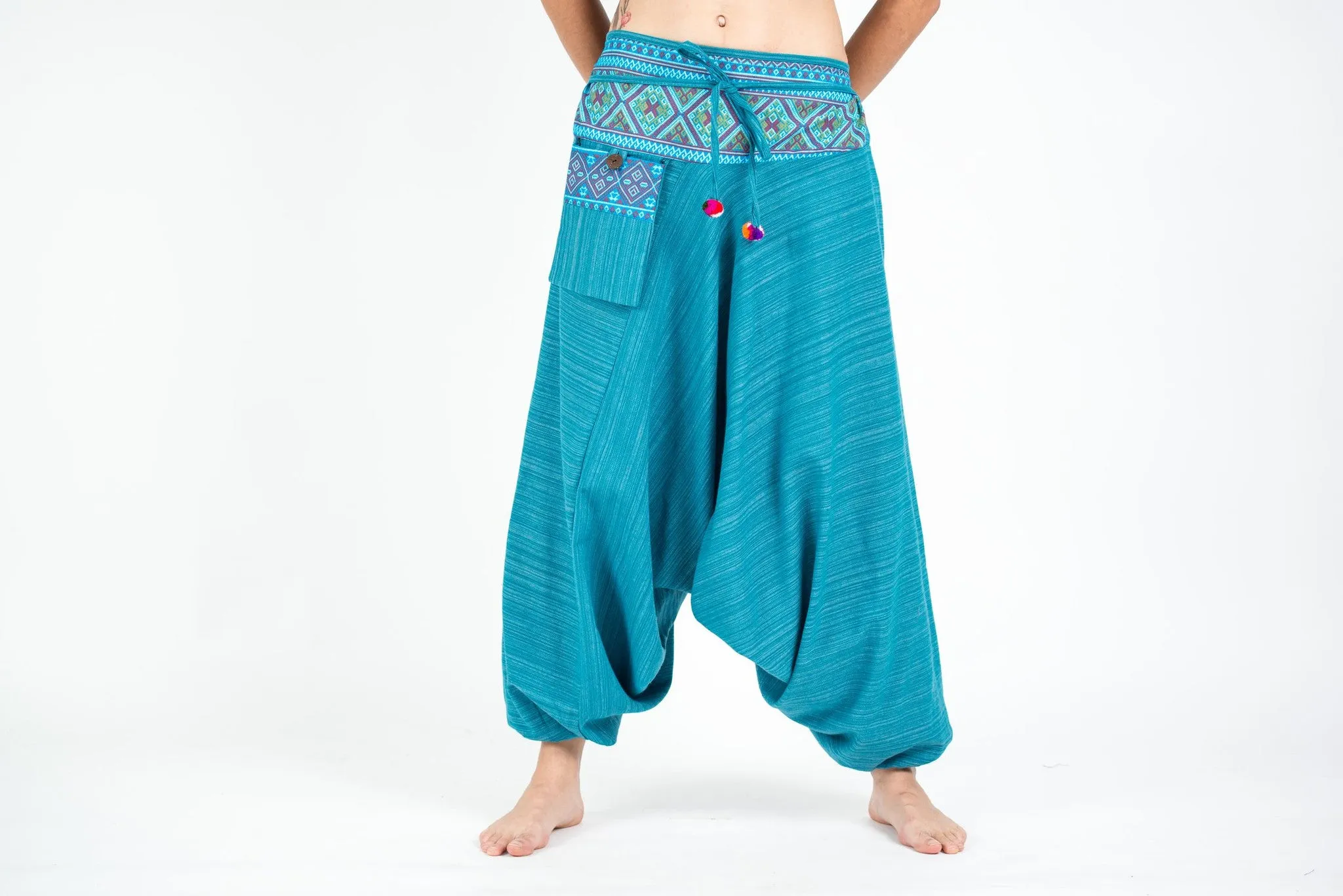 Thai Hill Tribe Cotton Fisherman Low Cut Harem Pants Blue