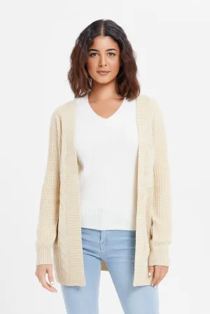 Women Beige Knitted Cardigan