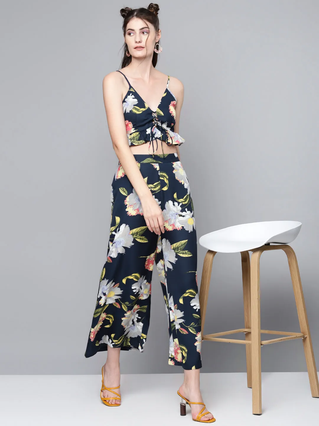 Women Navy Floral A-Line Pants