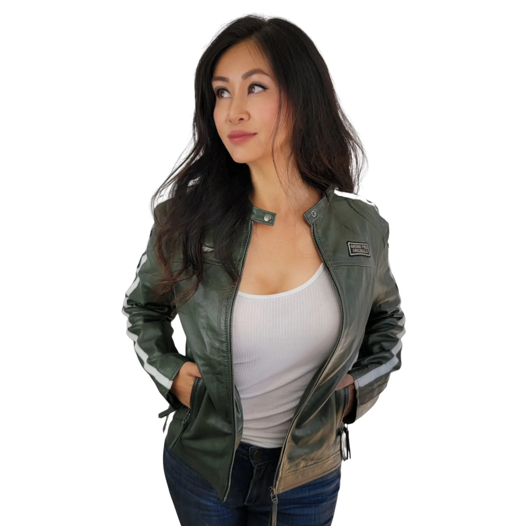 Women's Lambskin Leather Racing Jacket in GP Olive