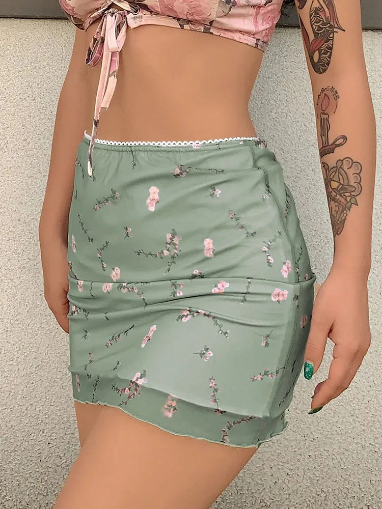 Y2K Frill Vintage Floral Printing Bodycon High Waist Mesh Skirt Double Layer Vintage Slim Aesthetic Mini Skirts Short