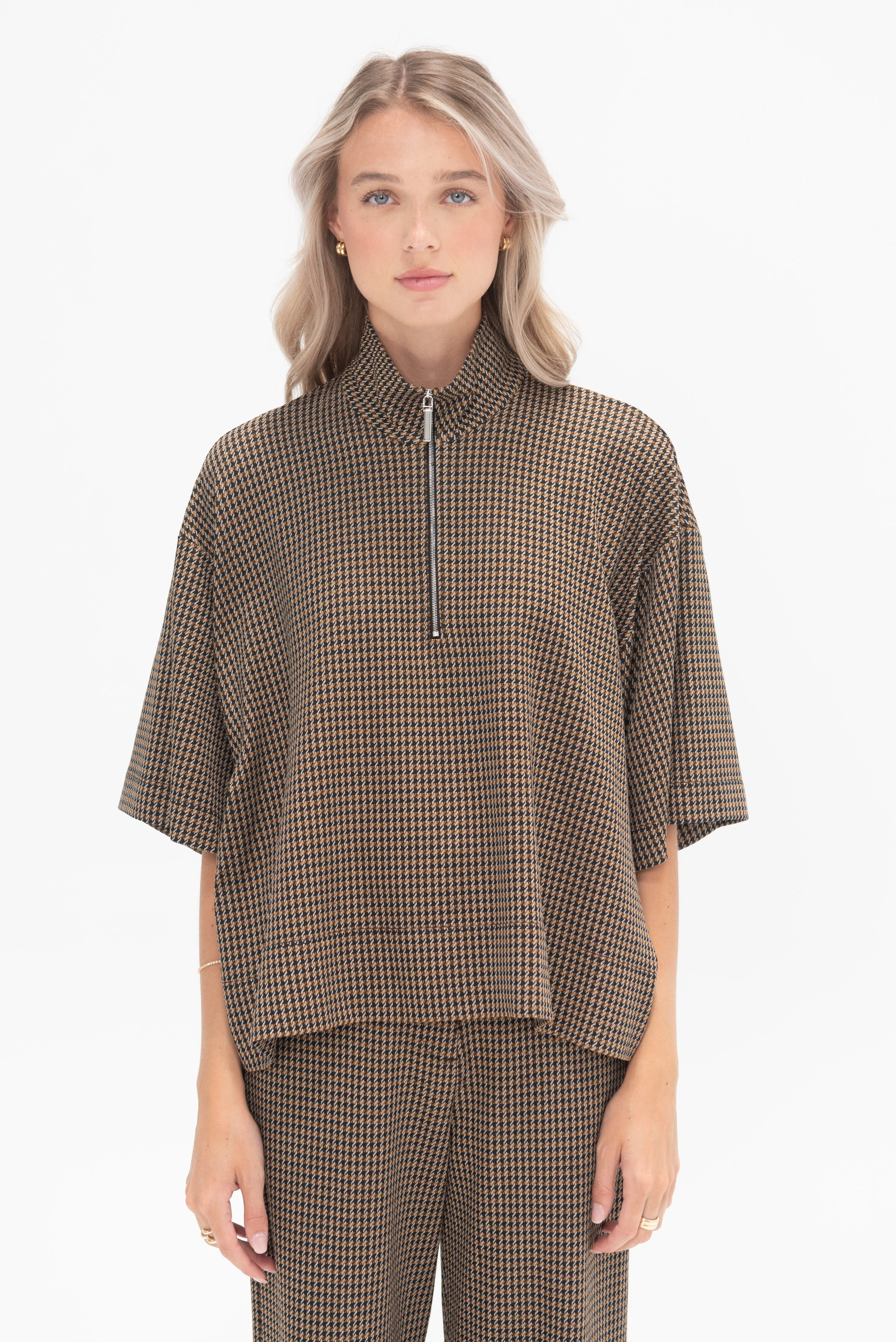 Zip Up Oversized Polo Top, Houndstooth