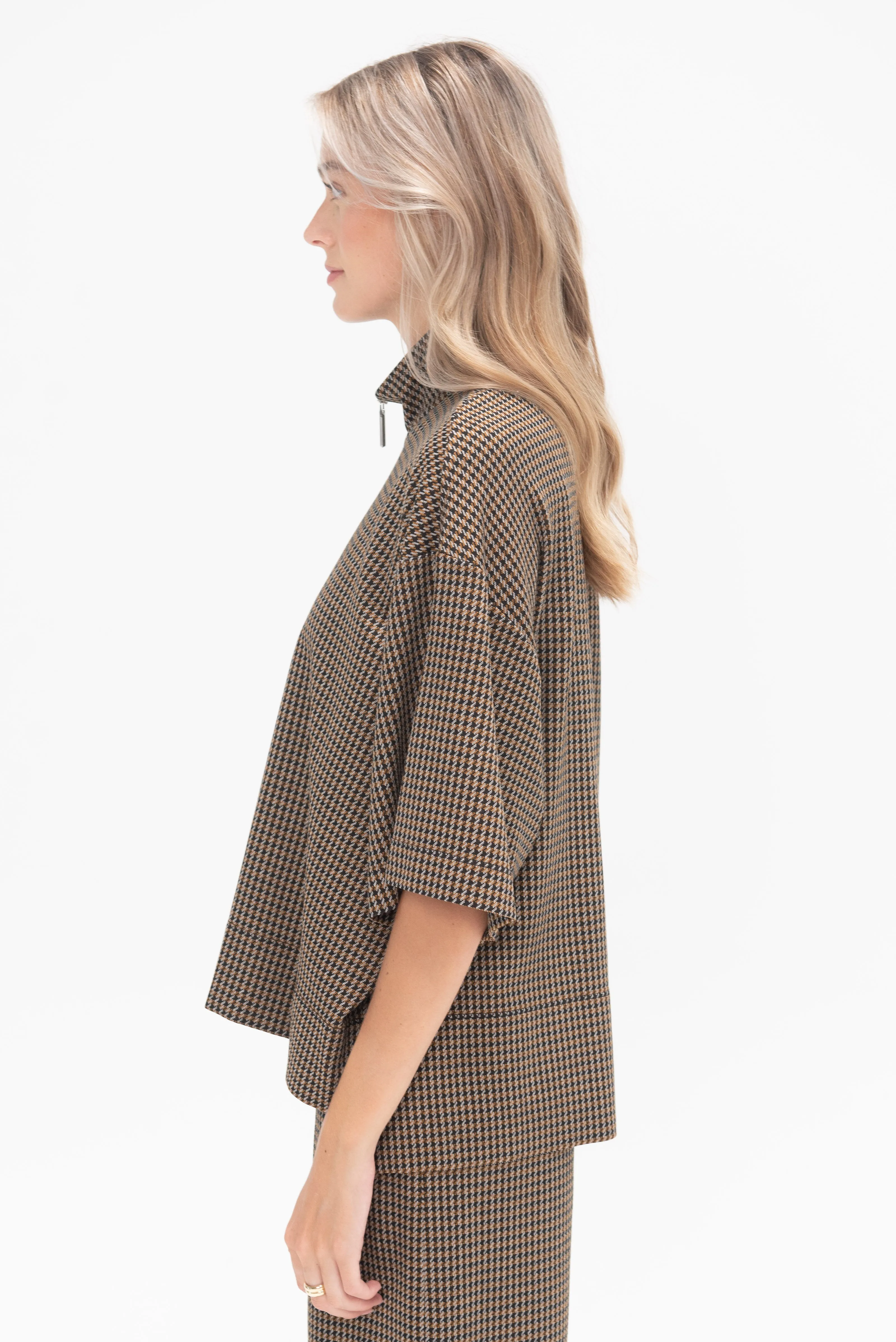 Zip Up Oversized Polo Top, Houndstooth